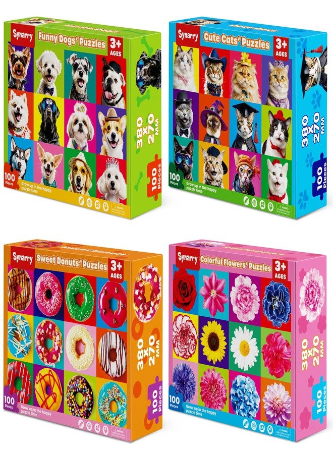 SYNARRY 100 Piece Puzzles for Kids Ages 4-6 6-8, Wooden 100 Piece Puzzle, 4 5 6 7 8 Year Old Puzzles for Kids Ages 4-8, Cat Dog Flower Donut Jigsaw Puzzle for 3+ Years Old Boys Girls - Image 1